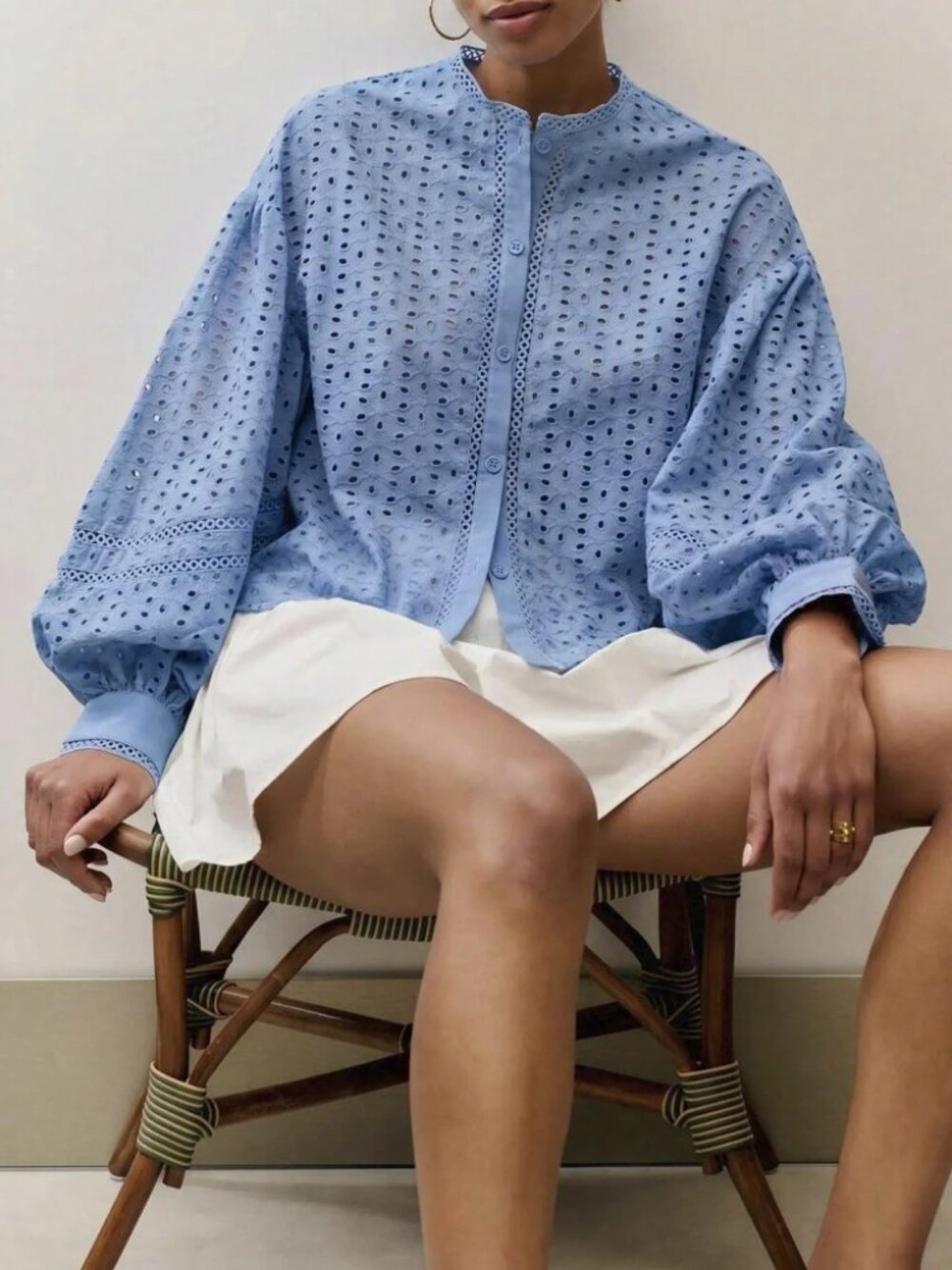 Blue Eyelet Lace Blouse with Balloon Sleeves